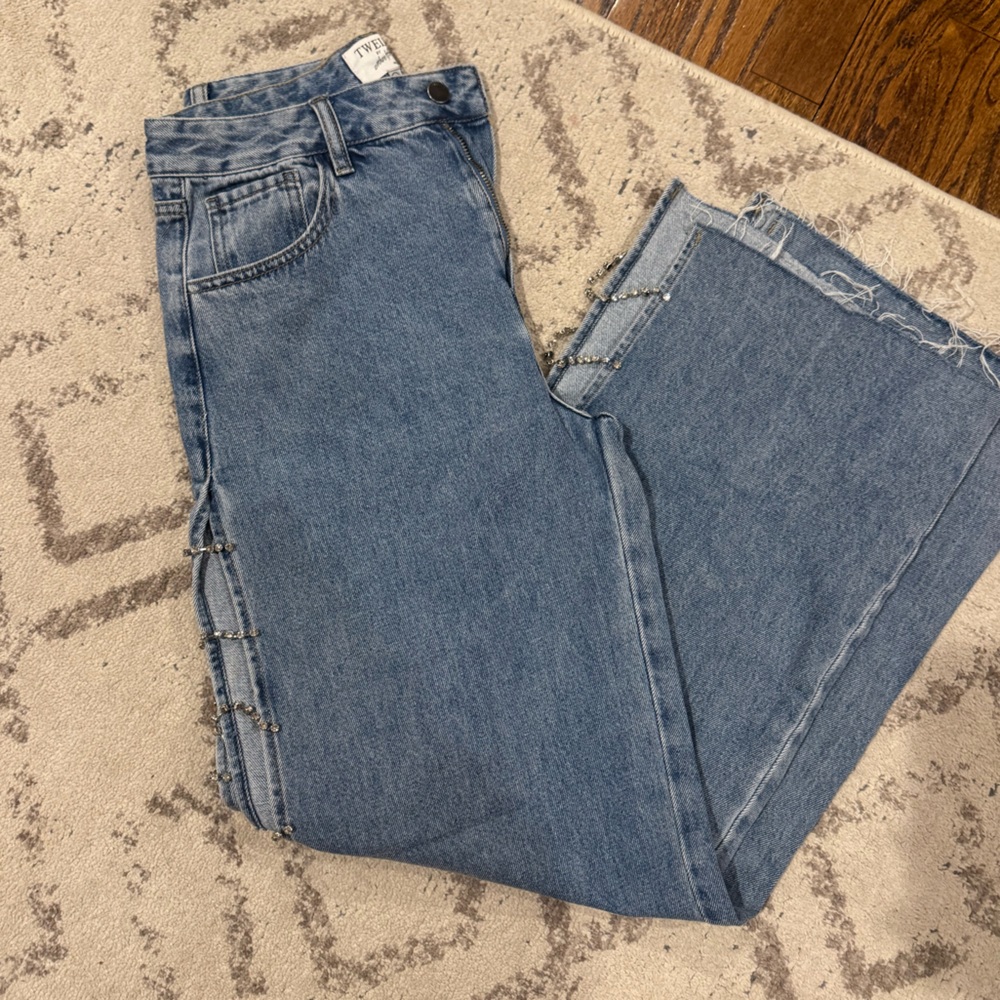 TWEE Light Blue Straight Leg Jeans with Side Bead Detail
